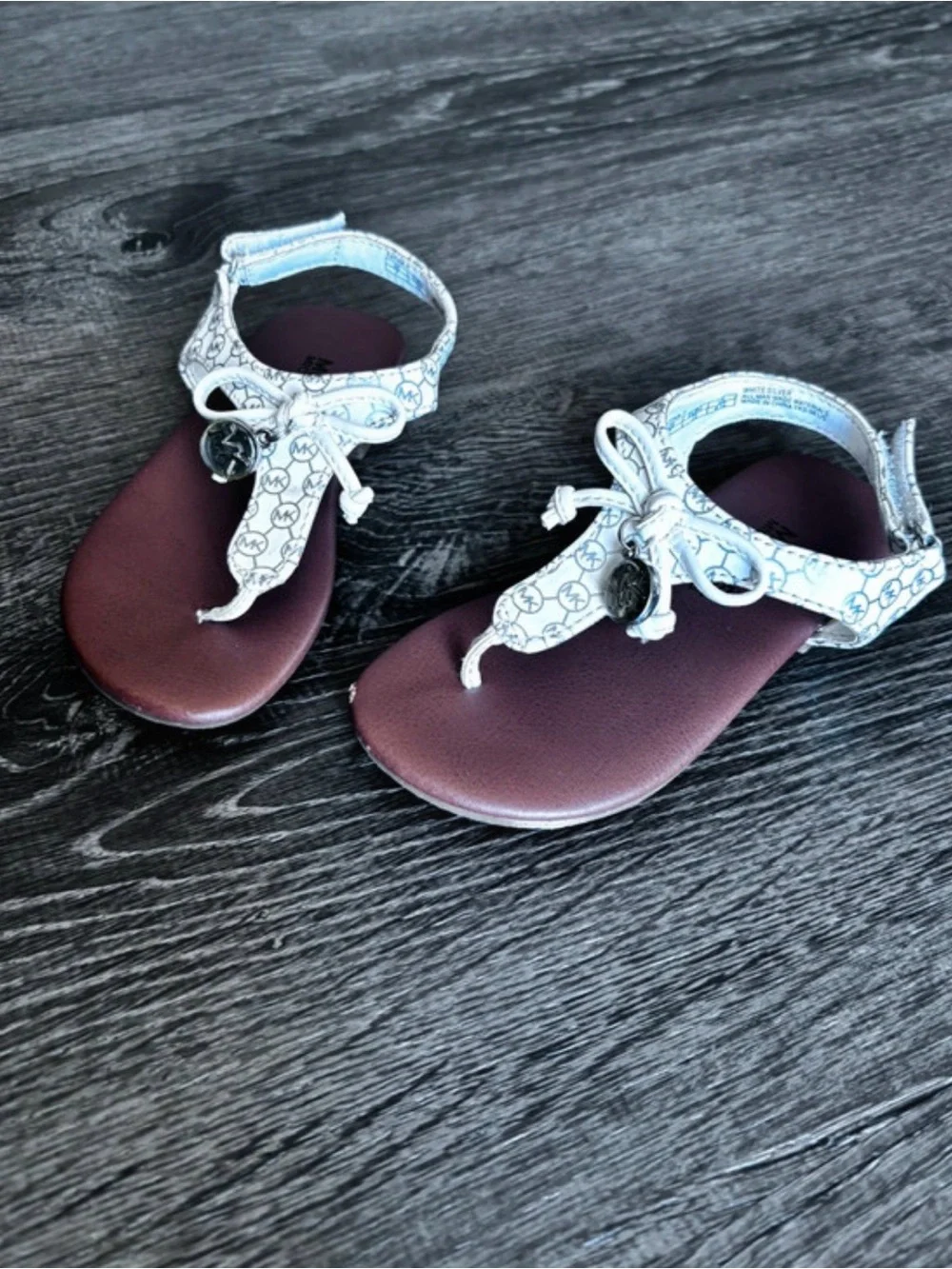 MICHAEL KORS Kids White Patterned T-Strap Sandals with Maroon Footbed